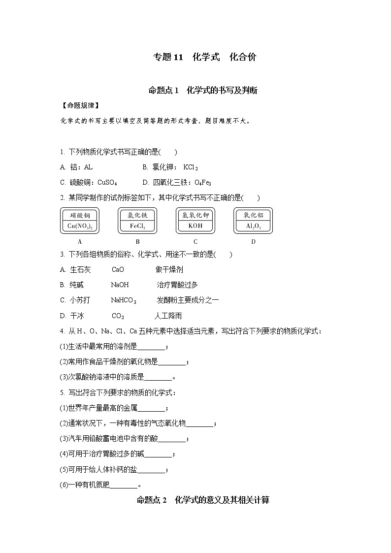 专题11　化学式 化合价-2021年中考化学命题点分析与精练01