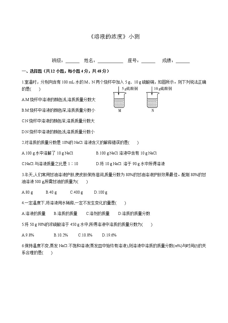 9.3溶液的浓度 强化小测 2020-2021学年人教版九年级化学下册 试卷01