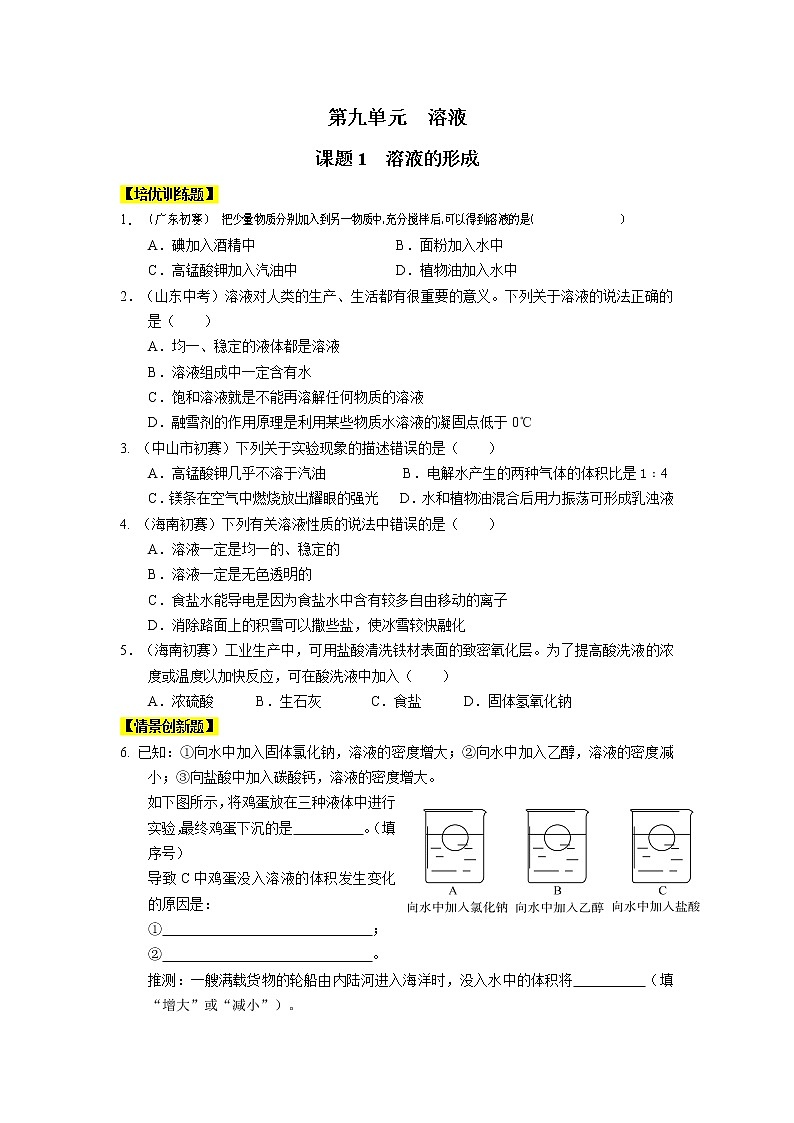 九年级化学下册[人教版]第9单元 溶液 试卷01