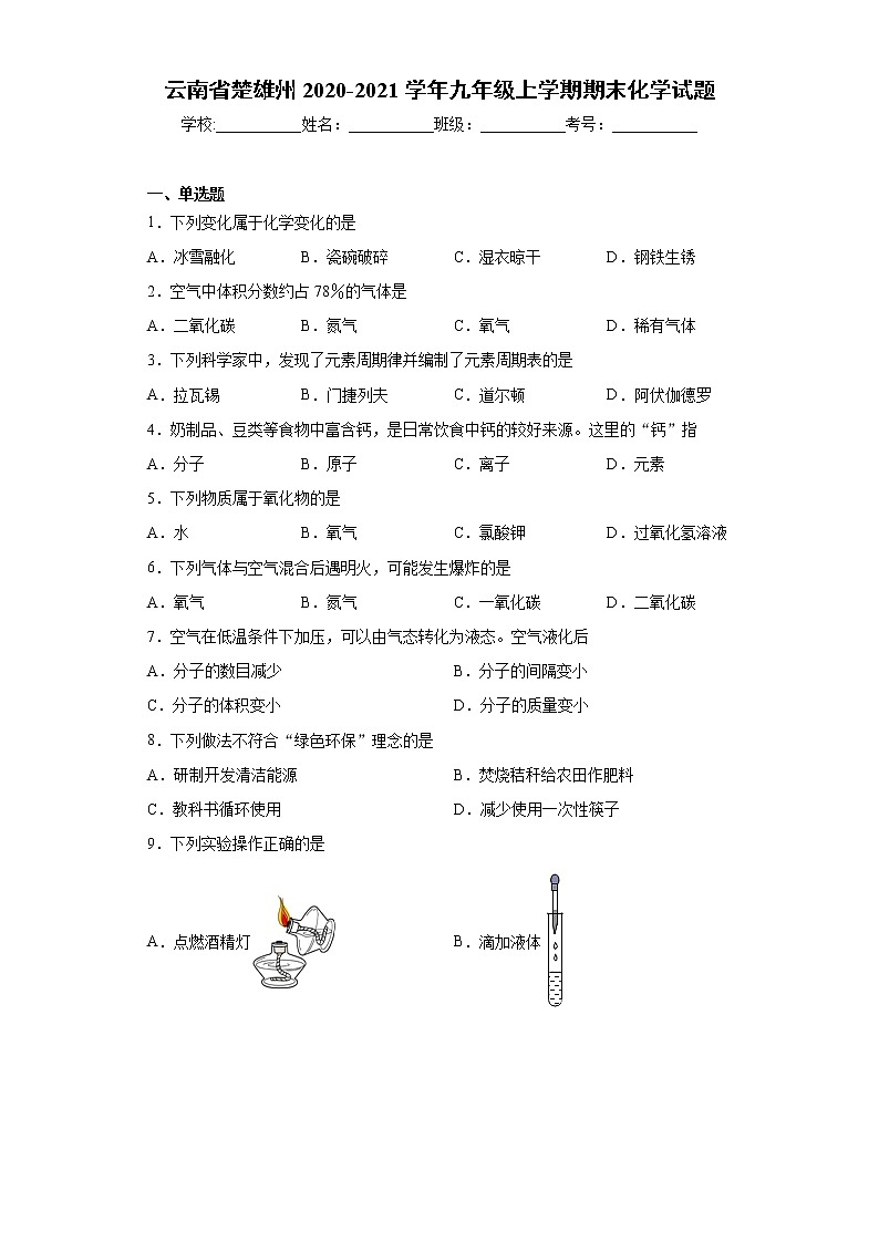 云南省楚雄州2020-2021学年九年级上学期期末化学试题（word版 含答案）01