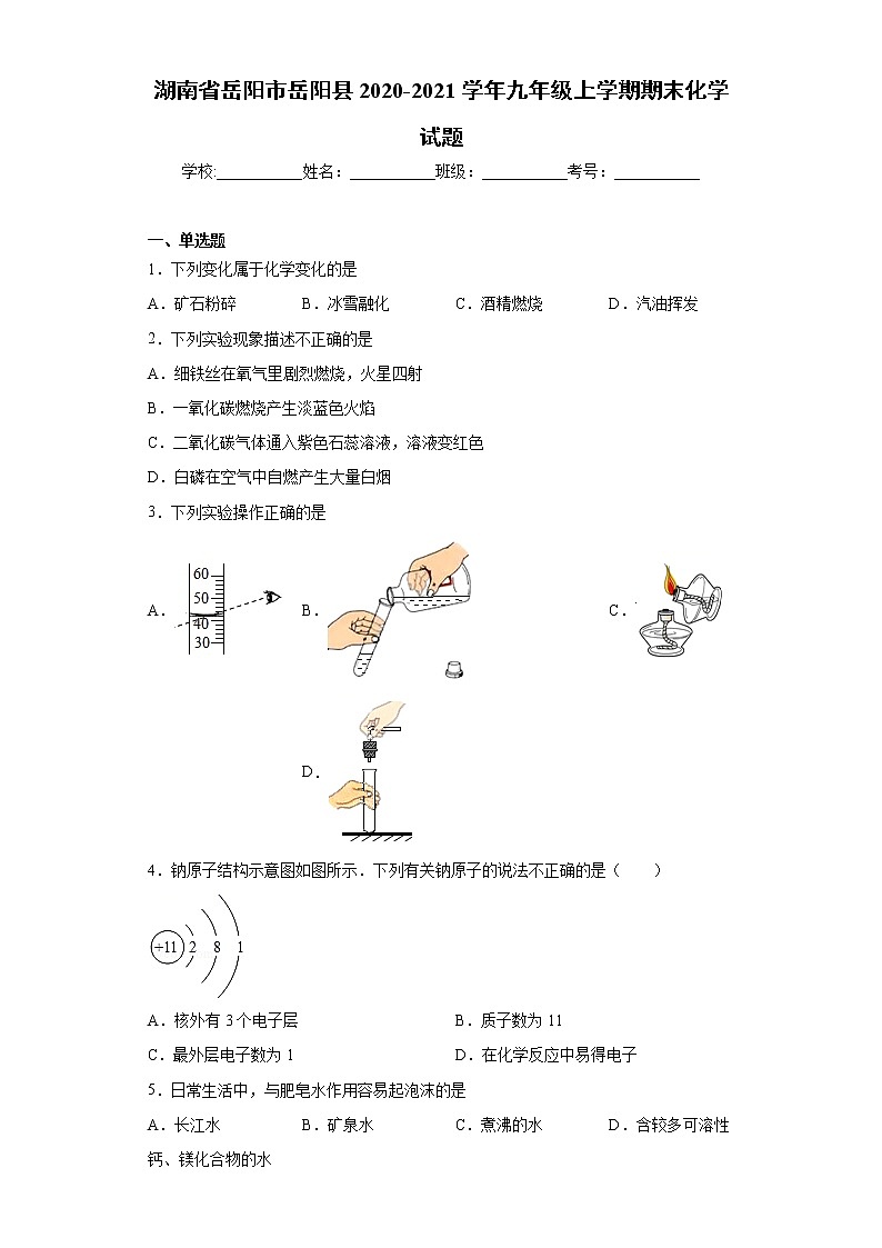 湖南省岳阳市岳阳县2020-2021学年九年级上学期期末化学试题（word版 含答案）01