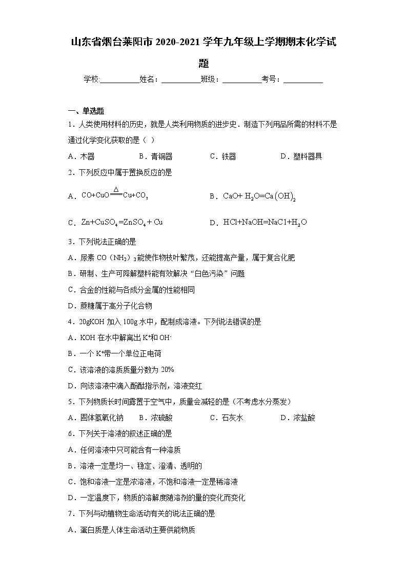 山东省烟台莱阳市2020-2021学年九年级上学期期末化学试题（word版 含答案）01