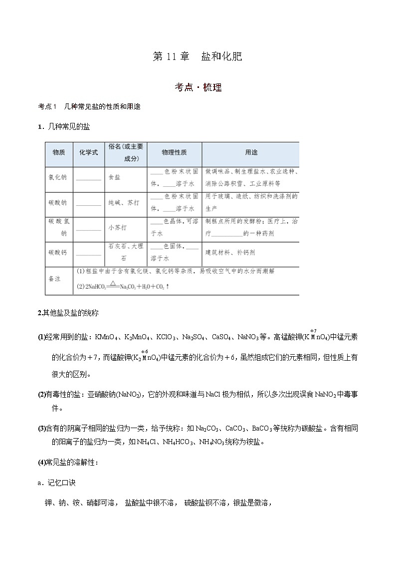 第11章  盐和化肥（考点知识梳理+例题） 2021年中考化学一轮复习讲义 （机构用）01