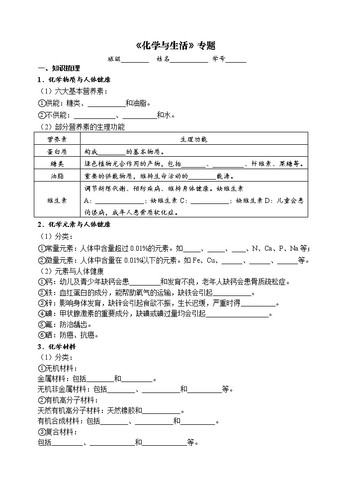 化学与生活 考点测试 2021年中考化学专题复习第1页