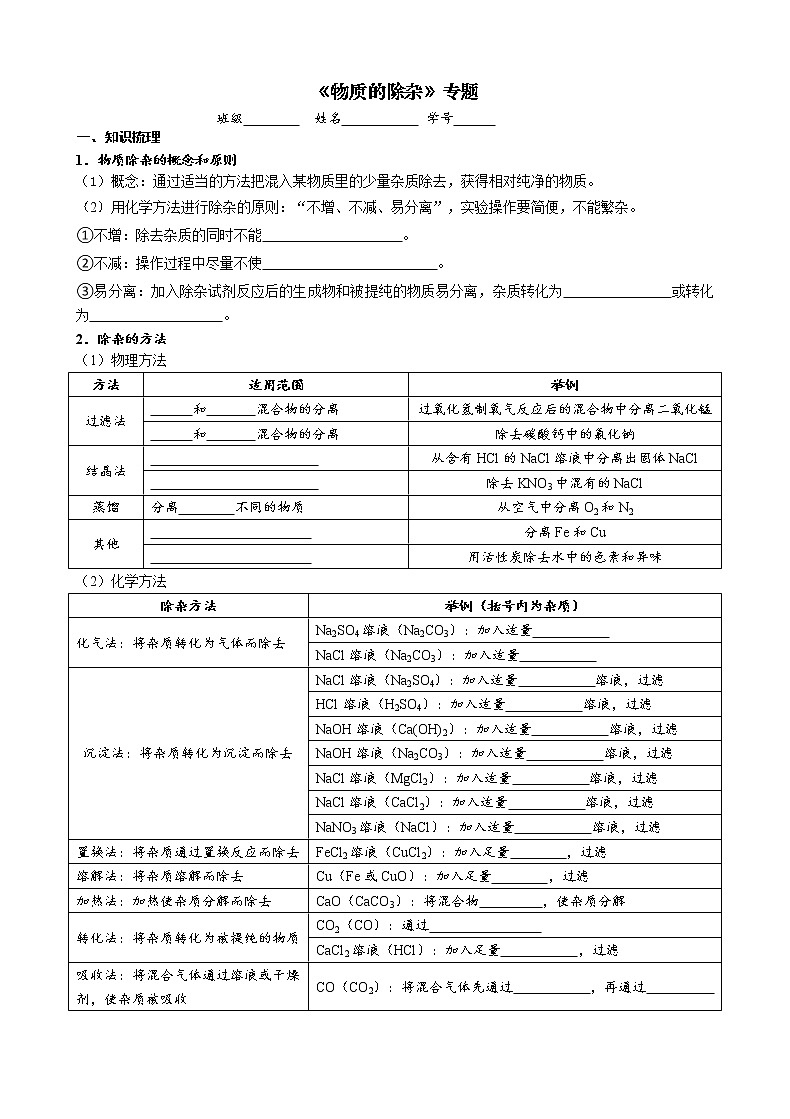 物质的除杂 考点测试 2021年中考化学专题复习第1页