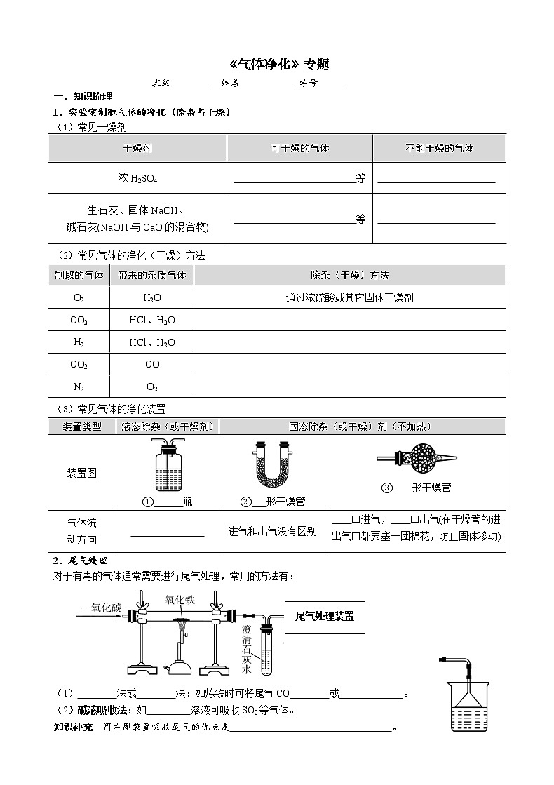 气体净化 考点测试 2021年中考化学专题复习01