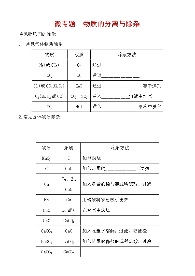 2021年春人教版九年级化学中考第一轮知识点过关训练    物质的分离与除杂01