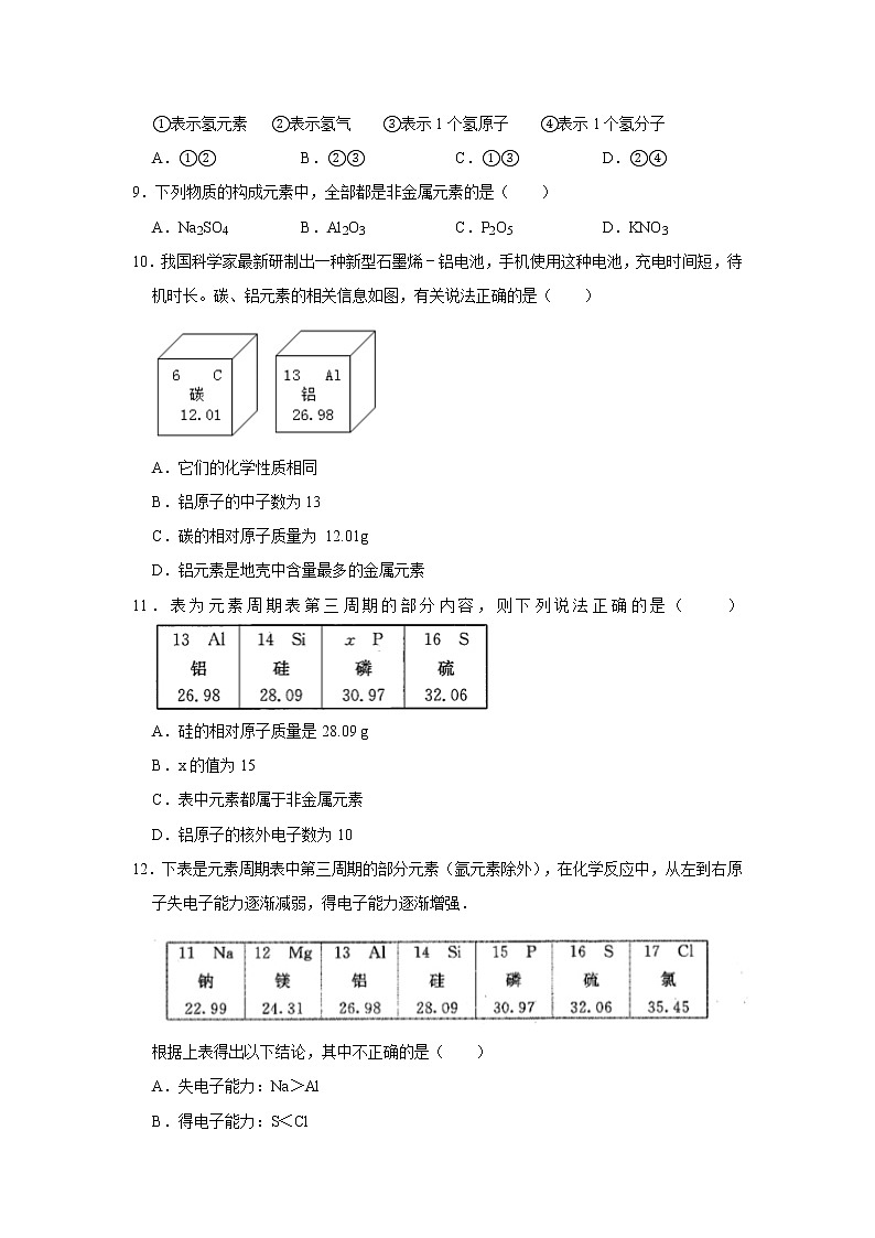 3.3元素 精选习题 2021年人教版中考化学按章节复习（含解析）02