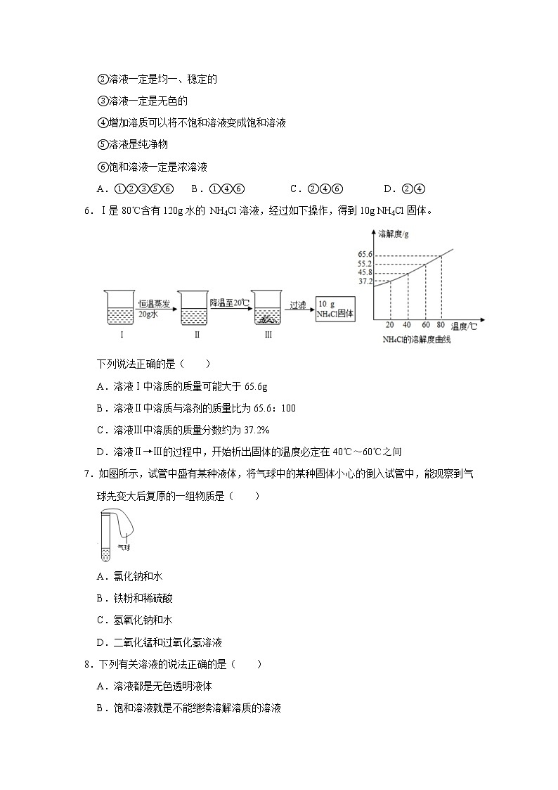 9.2溶解度 精选习题 2021年人教版中考化学按章节复习（含解析）02
