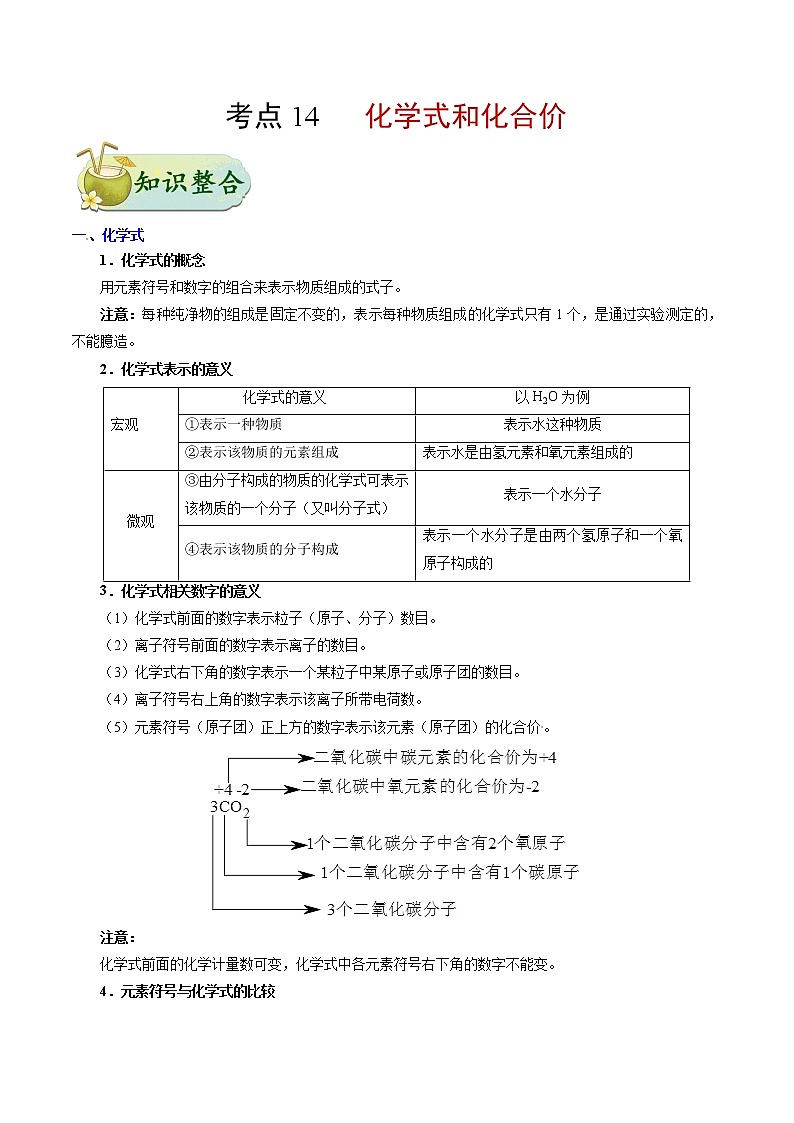 人教版中考化学考点专项复习  考点14 化学式和化合价第1页