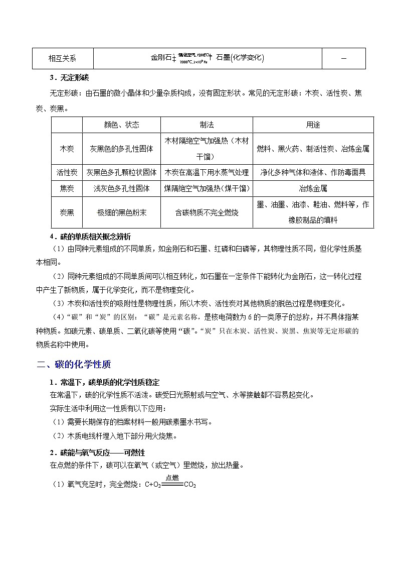 人教版中考化学考点专项复习  考点18 碳的单质 练习02