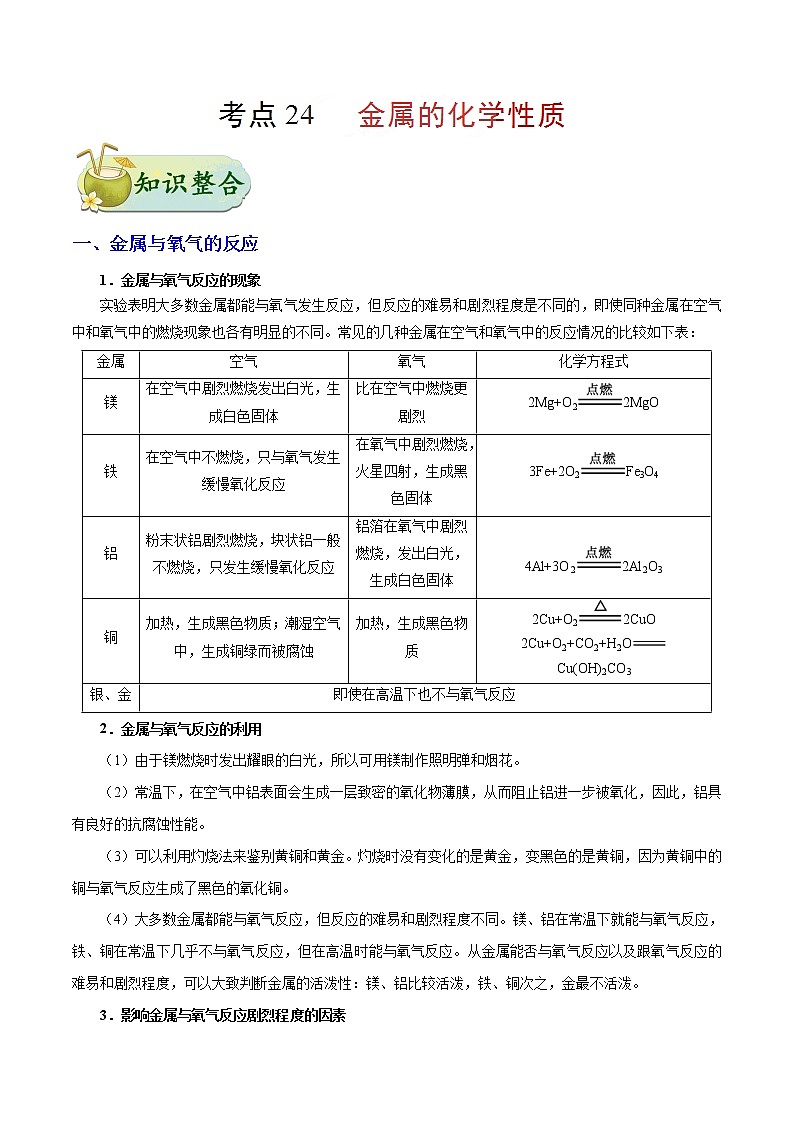 人教版中考化学考点专项复习  考点24 金属的化学性质 练习01