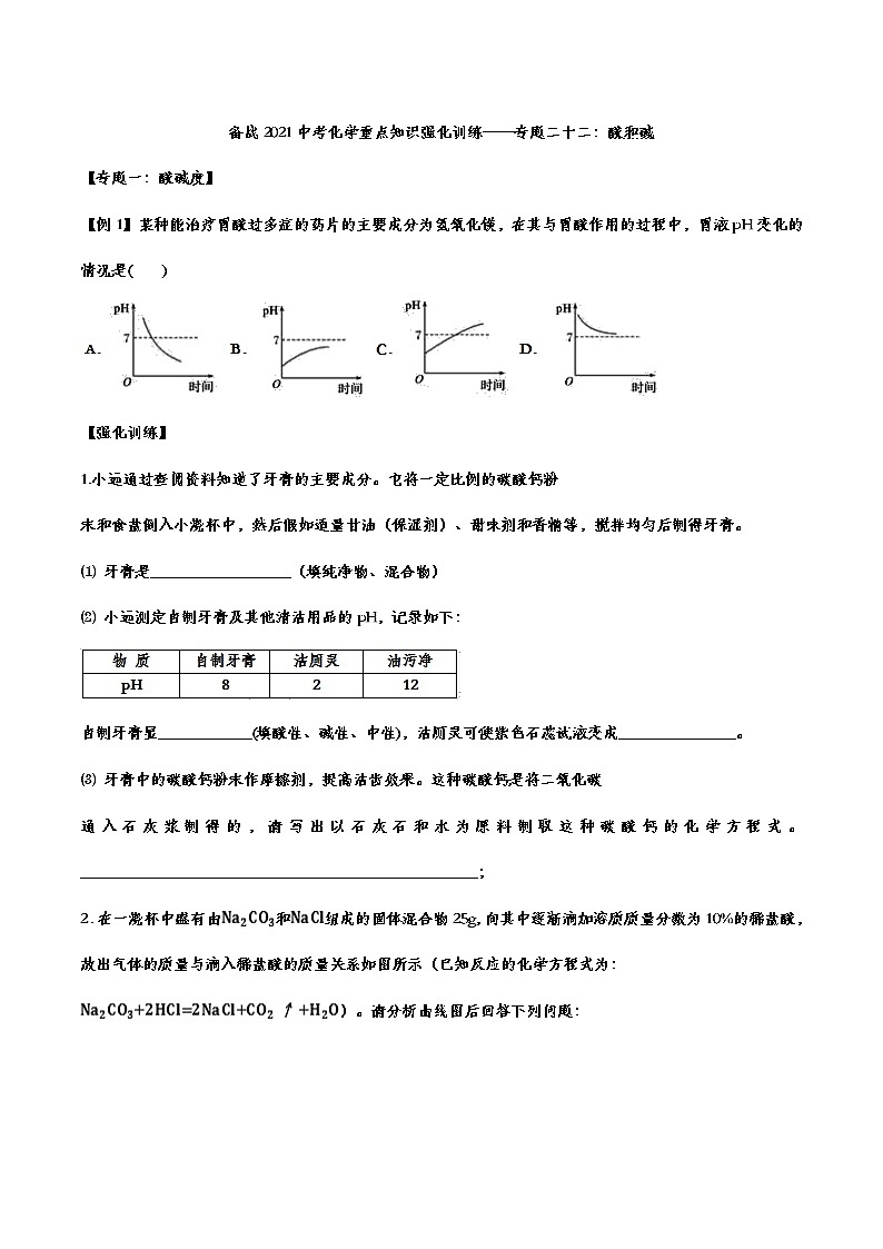 备战2021中考化学重点知识强化训练——专题二十二：酸和碱01