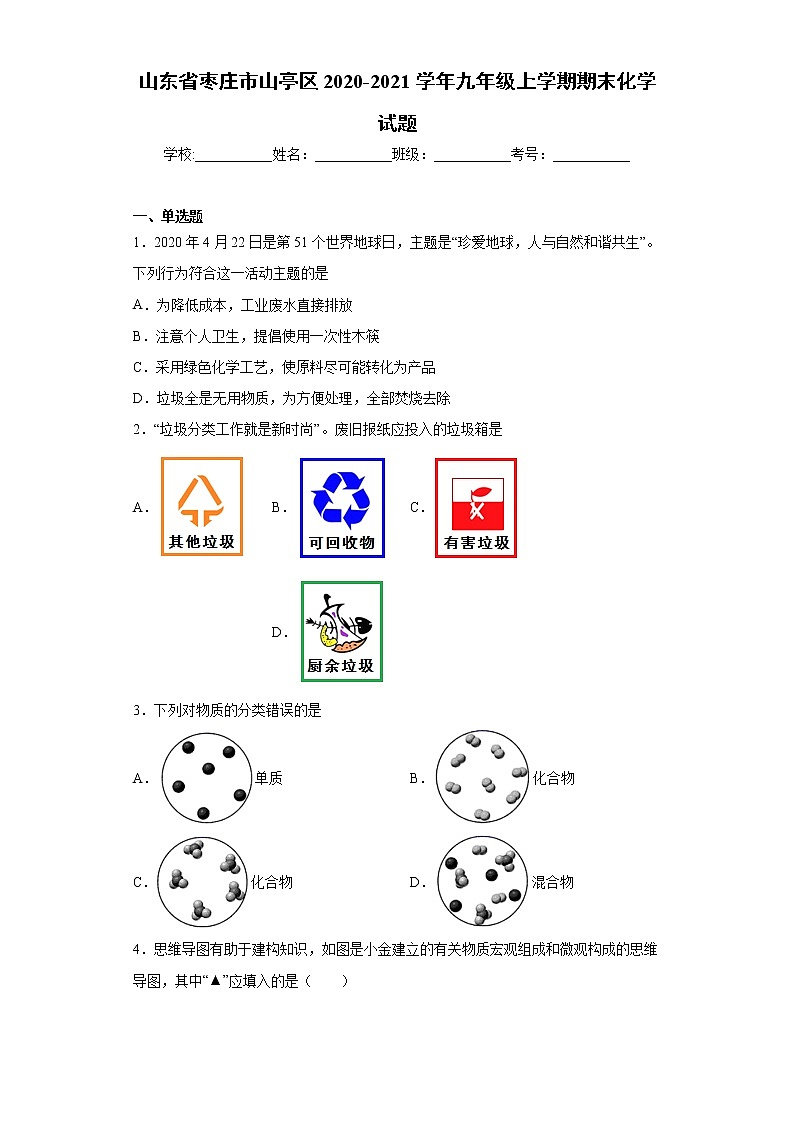 山东省枣庄市山亭区2020-2021学年九年级上学期期末化学试题（word版含答案）01