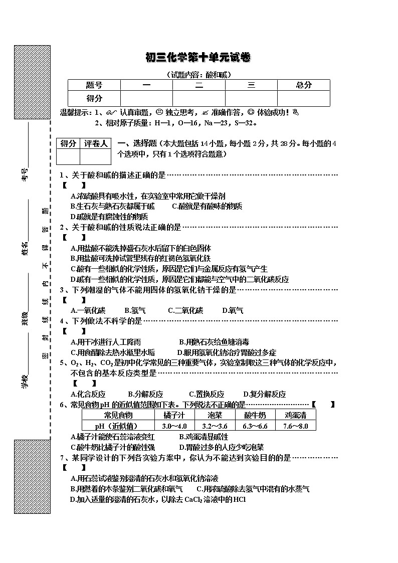 人教版初三化学单元测试  第10单元试卷（试题内容：酸和碱）01