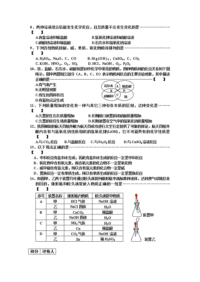 人教版初三化学单元测试  第10单元试卷（试题内容：酸和碱）02