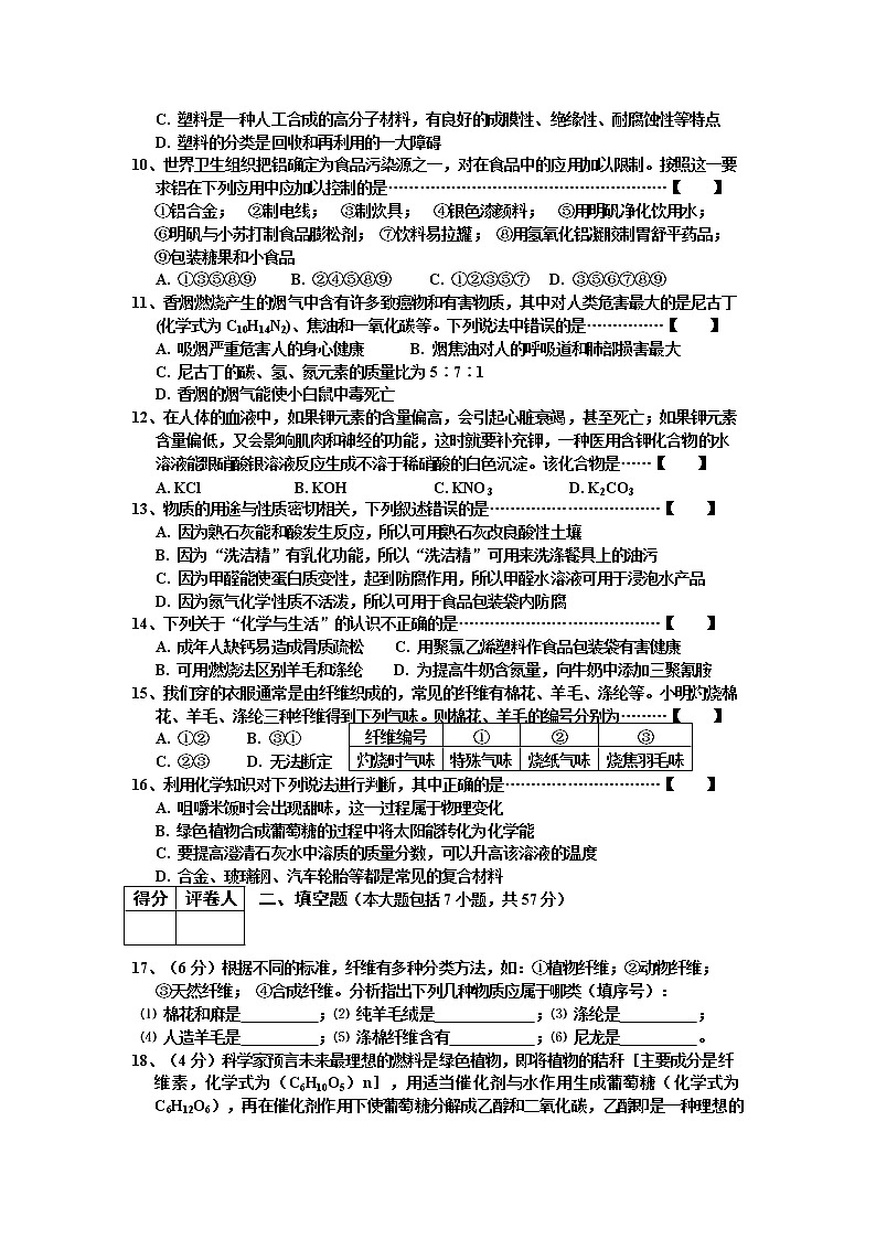 人教版初三化学单元测试  第12单元试卷（试题内容：化学与生活）02