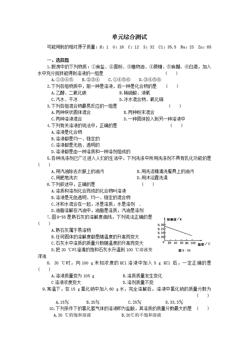 人教版初三化学单元综合测试：第9单元 溶液01