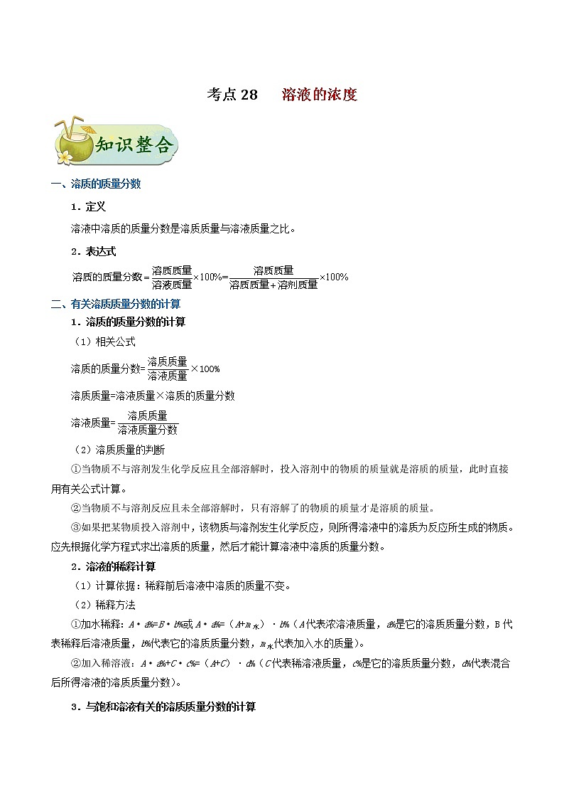 人教版中考化学考点专项复习  考点28 溶液的浓度 练习01