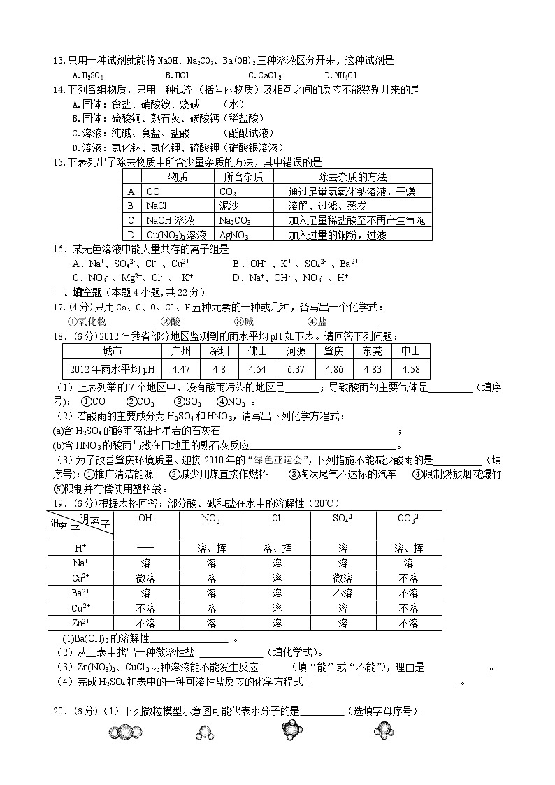 人教版初三化学单元综合测试：第11单元  盐、化肥 单元测试题及答案02