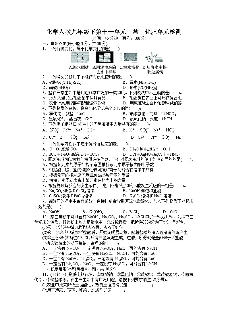 人教版化学九年级（下册） 第11单元 盐 化肥 单元检测01