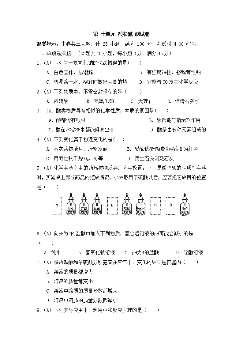人教版化学九年级（下册）单元测试    第10单元 酸和碱（解析版）01