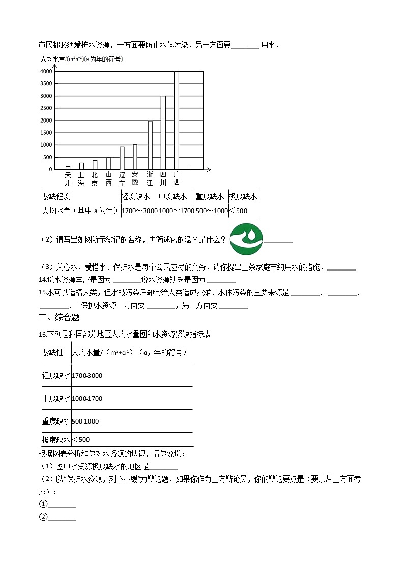 人教版化学九年级上册第四单元4.1《爱护水资源》 试卷03