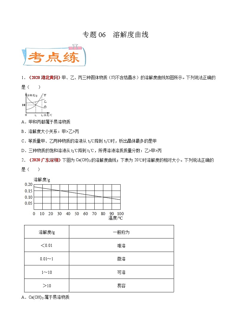专题06  溶解度曲线（考点专练）-备战2021年中考化学考点微专题（原卷版）01