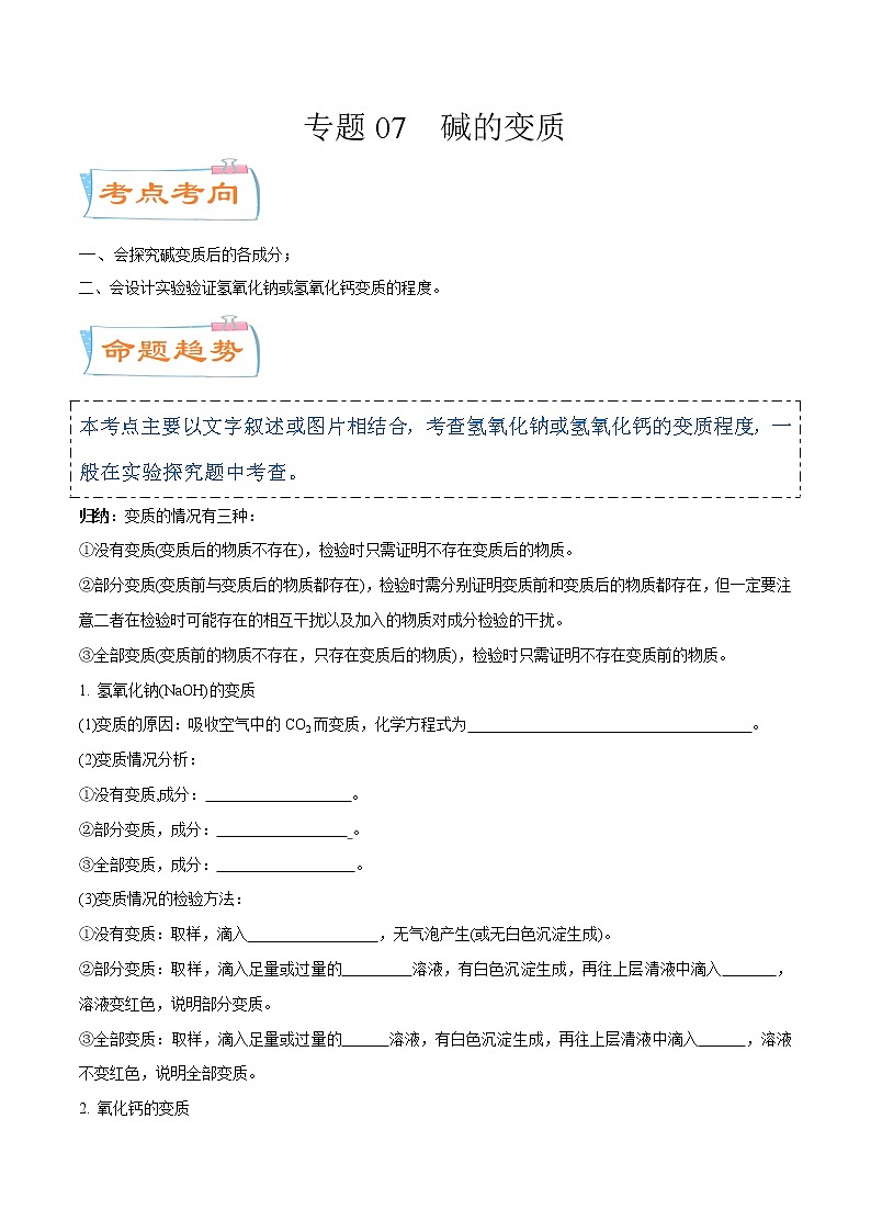 专题07  碱的变质（考点详解）-备战2021年中考化学考点微专题（原卷版）01