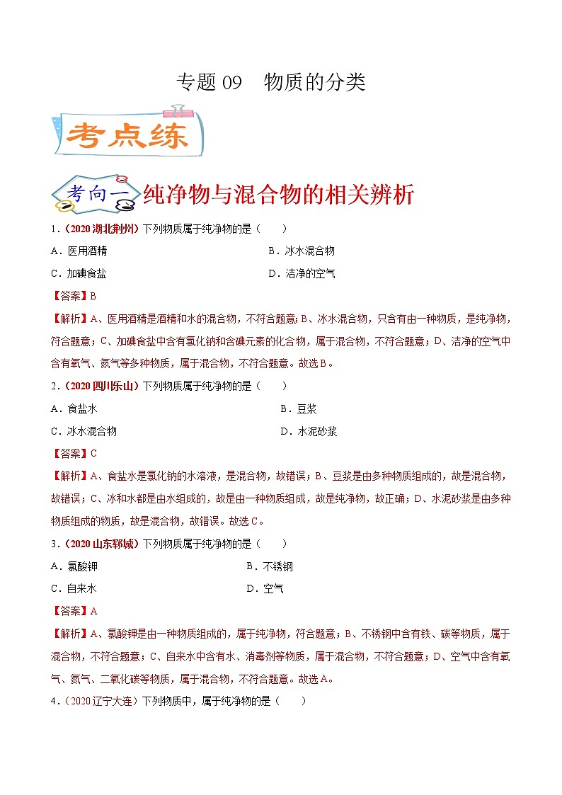 专题09  物质的分类（考点专练）-备战2021年中考化学考点微专题（解析版）01