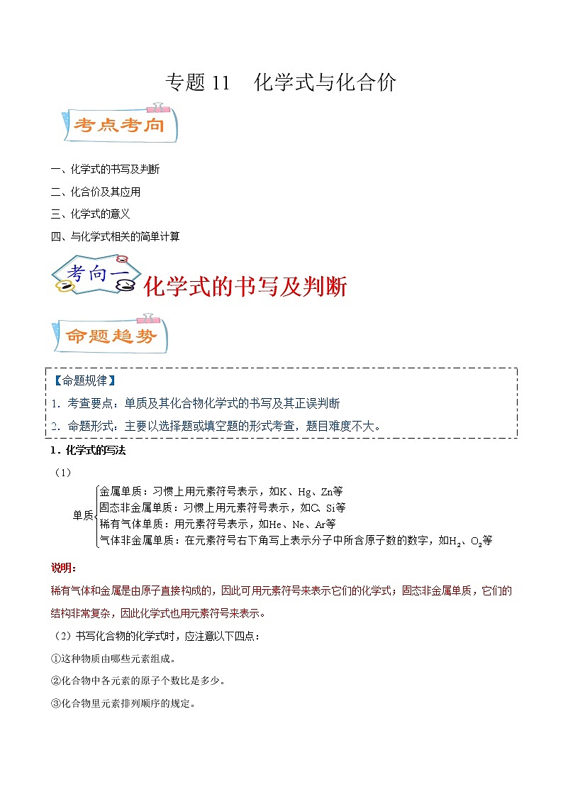 专题11  化学式与化合价（考点详解）-备战2021年中考化学考点微专题（解析版）01