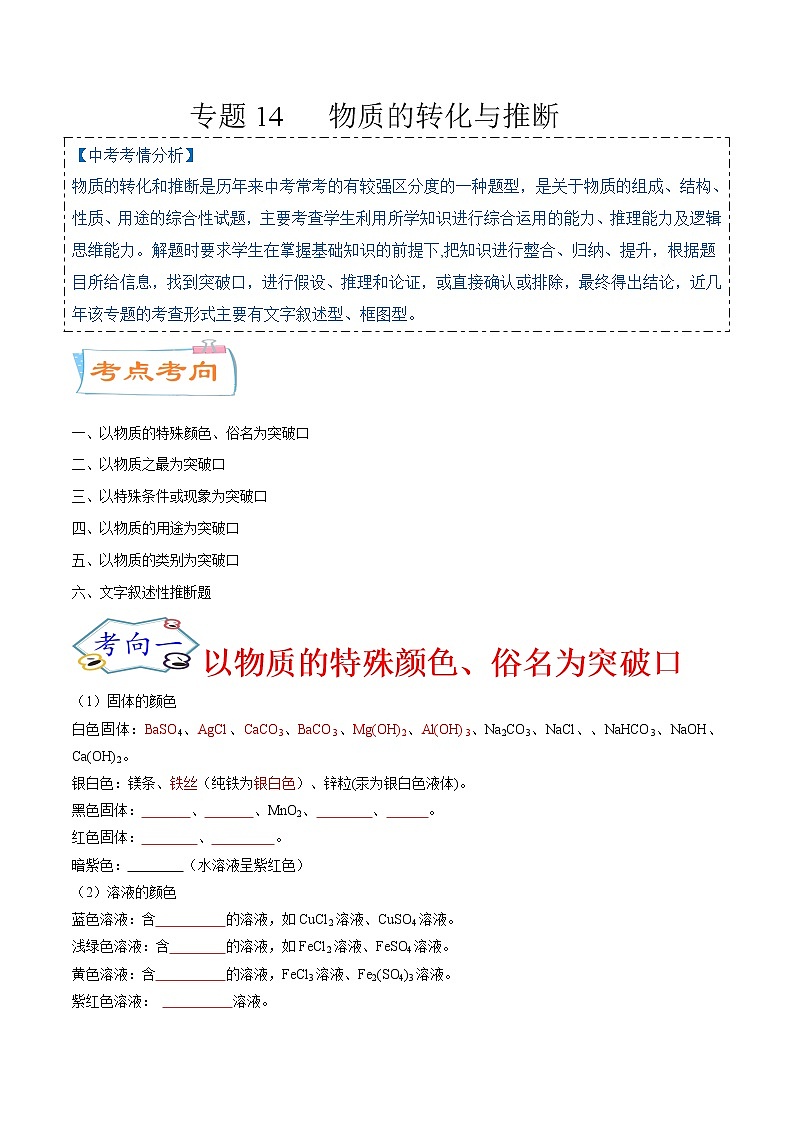 专题14   物质的转化与推断（考点详解）-备战2021年中考化学考点微专题（原卷版）01
