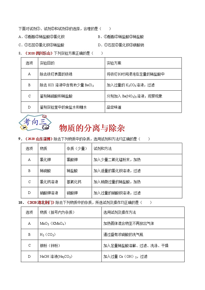 专题15  物质的检验与鉴别、分离与除杂及物质（或离子）的共存（考点专练）-备战2021年中考化学考点微专题（原卷版）03