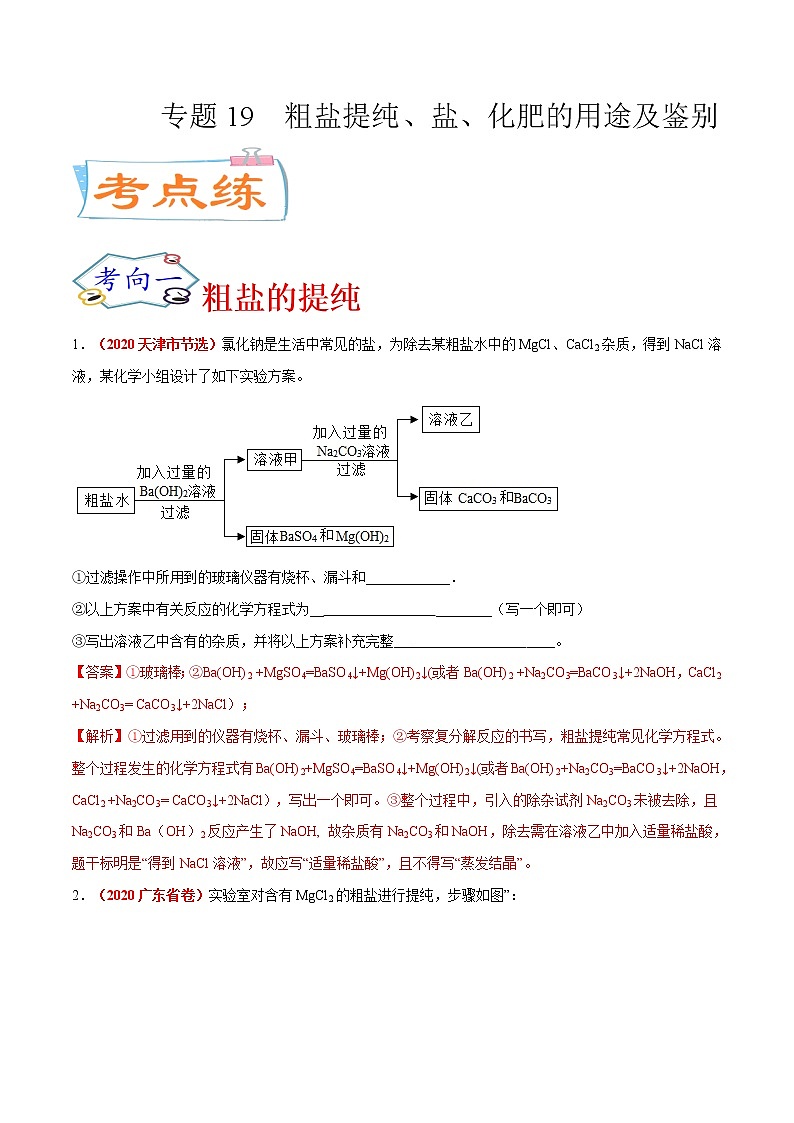 专题19  粗盐提纯、盐、化肥的用途及鉴别（考点专练）-备战2021年中考化学考点微专题（解析版）第1页