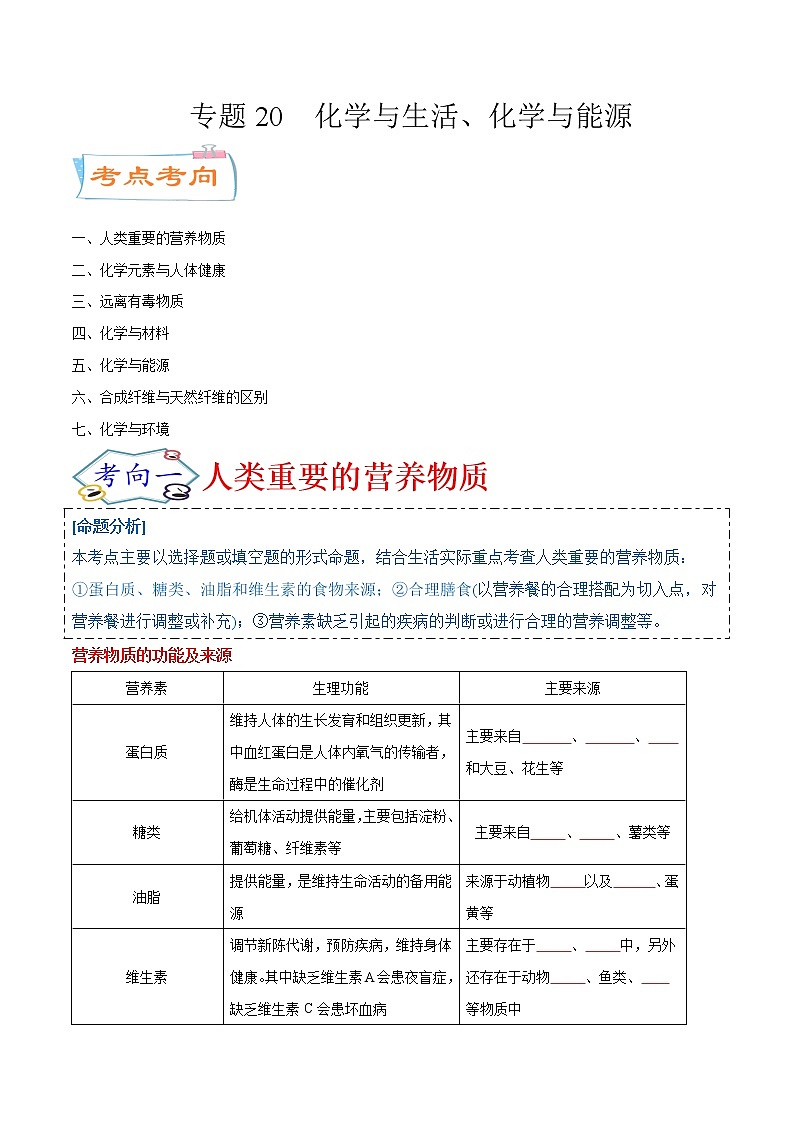 专题20  化学与生活、化学与能源（考点详解）-备战2021年中考化学考点微专题（原卷版）第1页