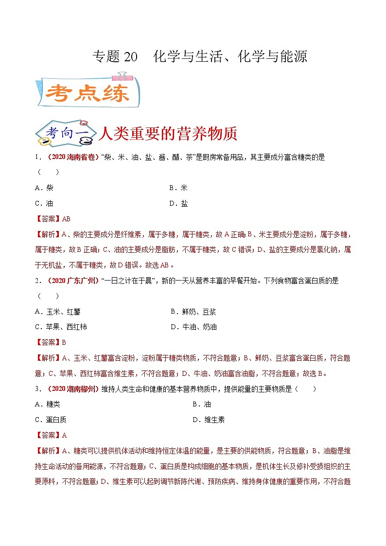 专题20  化学与生活、化学与能源（考点专练）-备战2021年中考化学考点微专题（解析版）第1页