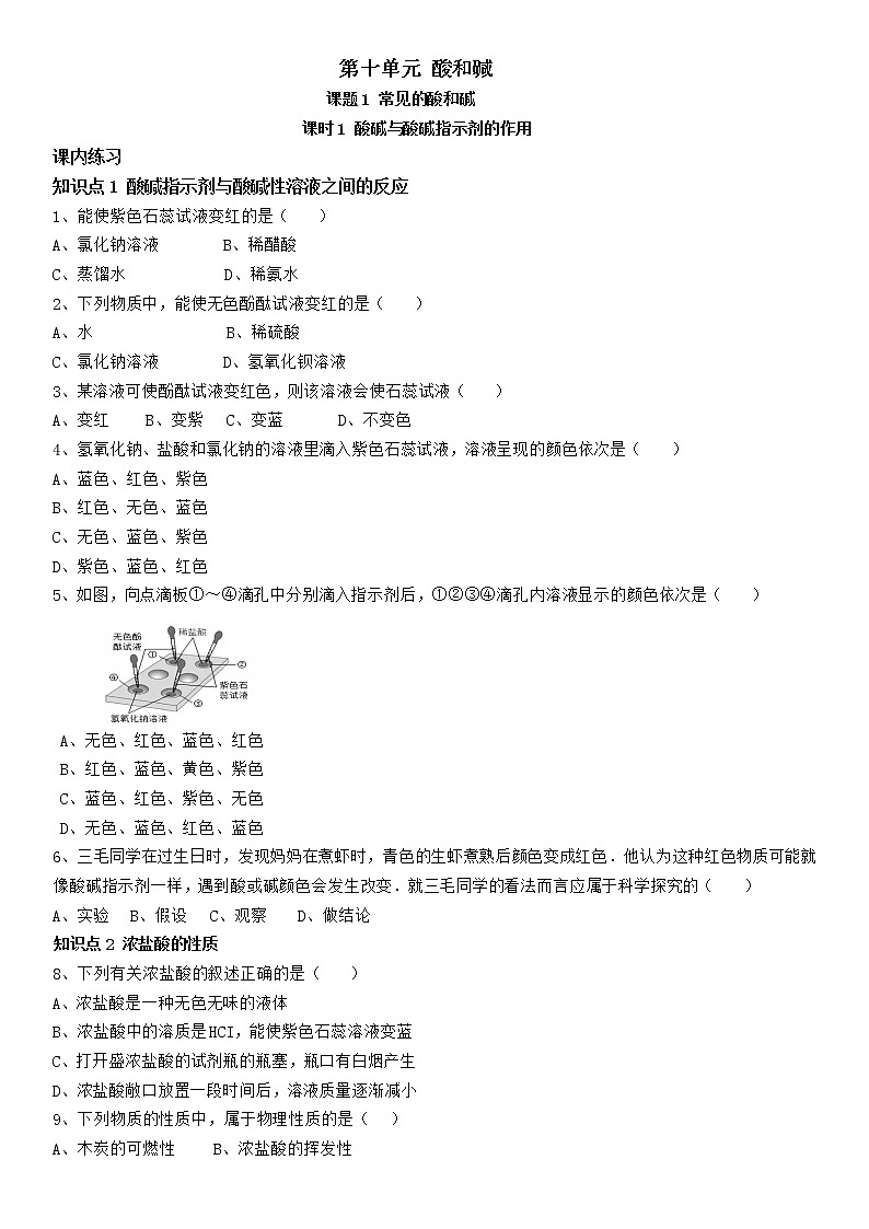 人教版化学九年级下册第十单元第1课时《酸碱与酸碱指示剂的作用》同步练习01