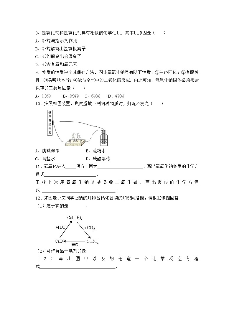 人教版化学九年级下册第十单元第3课时《常见的碱》同步练习02