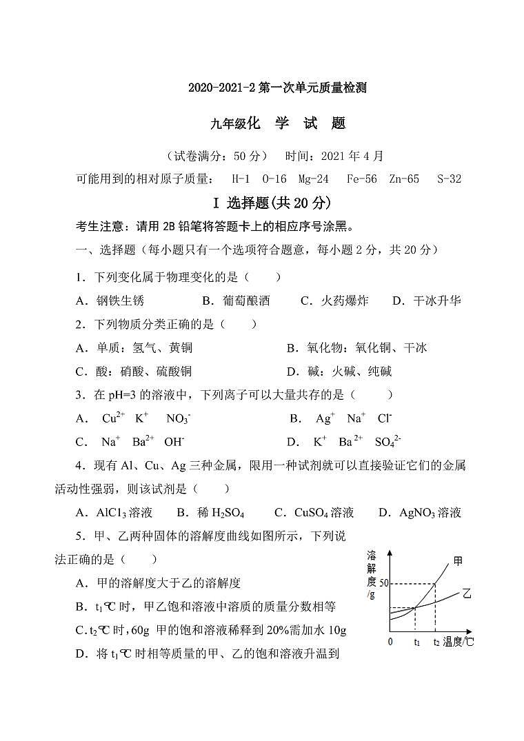 山东省枣庄市第十三中学 2020-2021学年 九年级下学期第一次月考化学试题（含答案）01