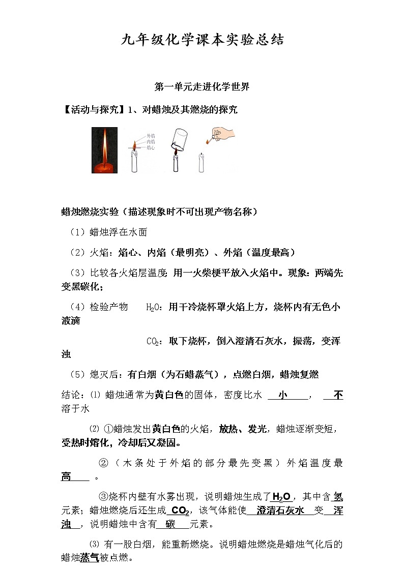 人教版初中化学 课本实验总结全册01