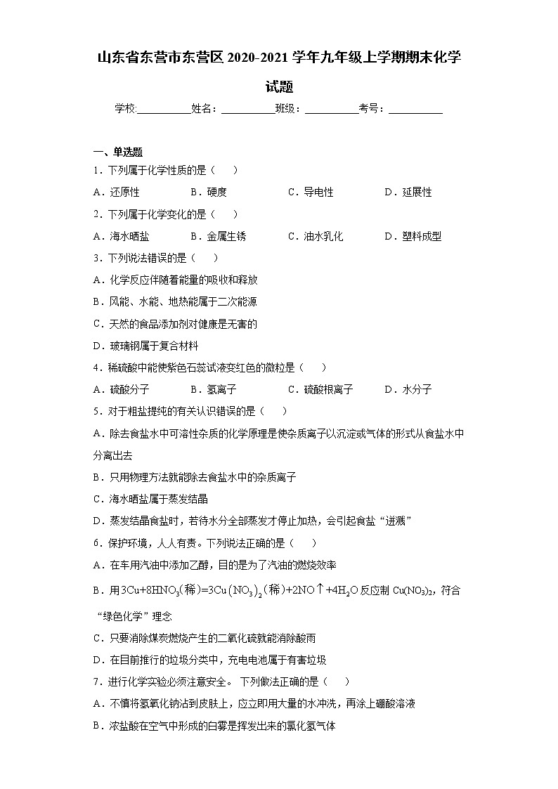 山东省东营市东营区2020-2021学年九年级上学期期末化学试题（word版 含答案）01