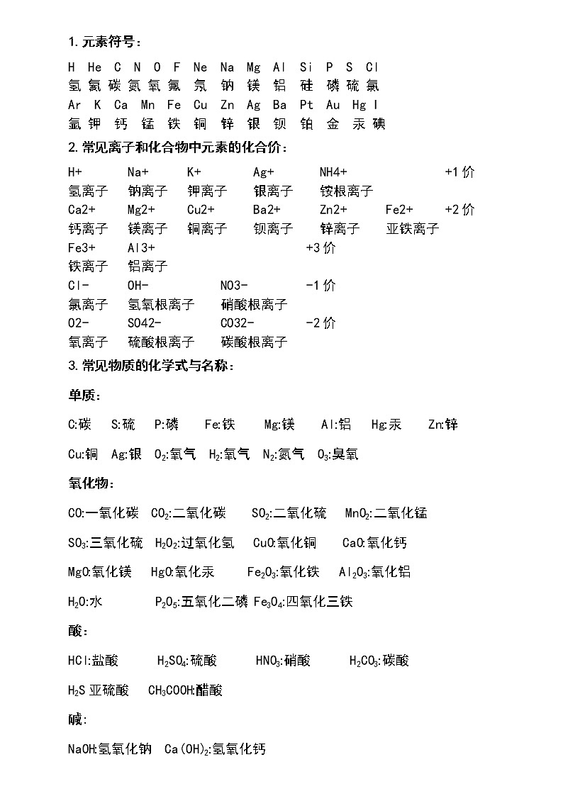 初中化学复习专题 化学式必背大全01