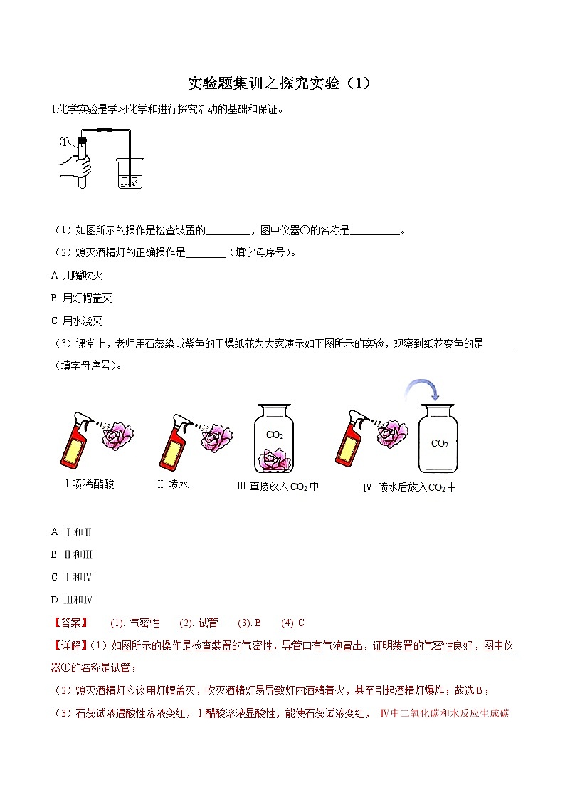初中化学中考复习 实验题集训之探究实验（1）（解析版）01