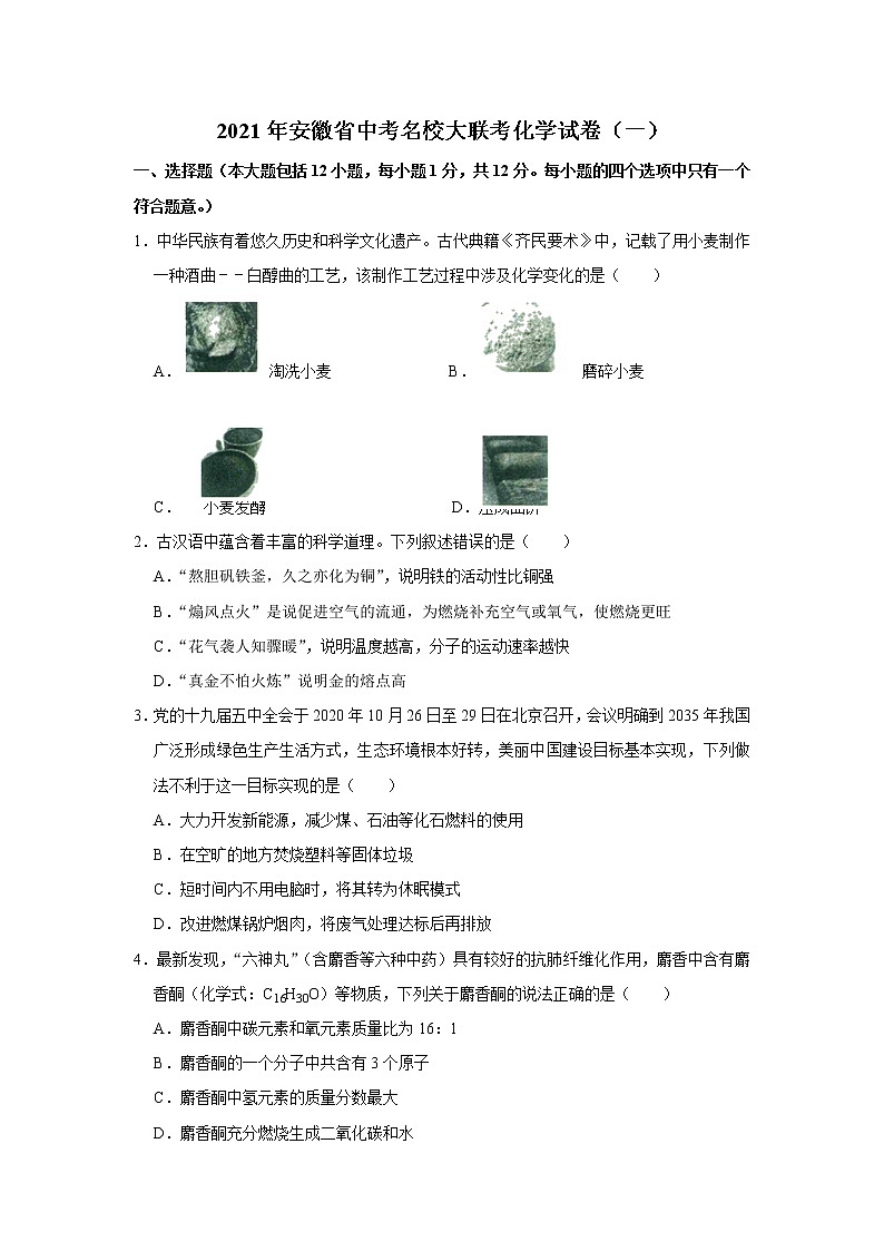 安徽省2021年中考名校大联考化学试卷（一）解析版第1页