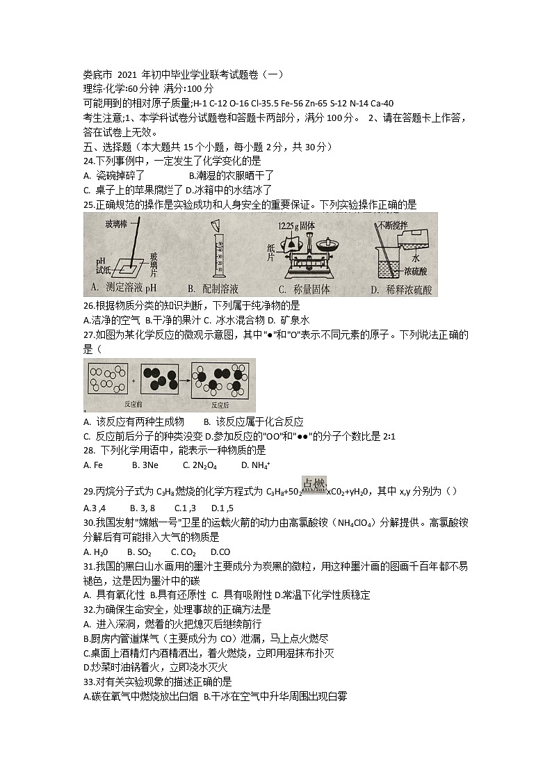2021年湖南省娄底市初中毕业学业联考（一模）化学试题第1页