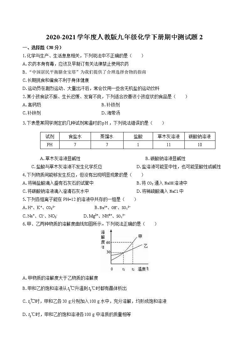 期中测试题2-2020-2021学年九年级化学下册（人教版）（word版 含答案）01