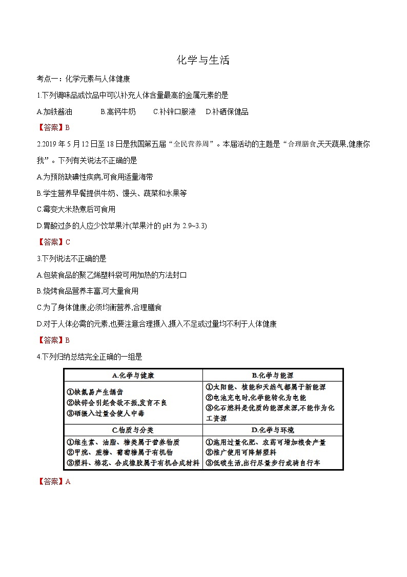 冲刺2021中考复习 化学与生活（解析版） 试卷01