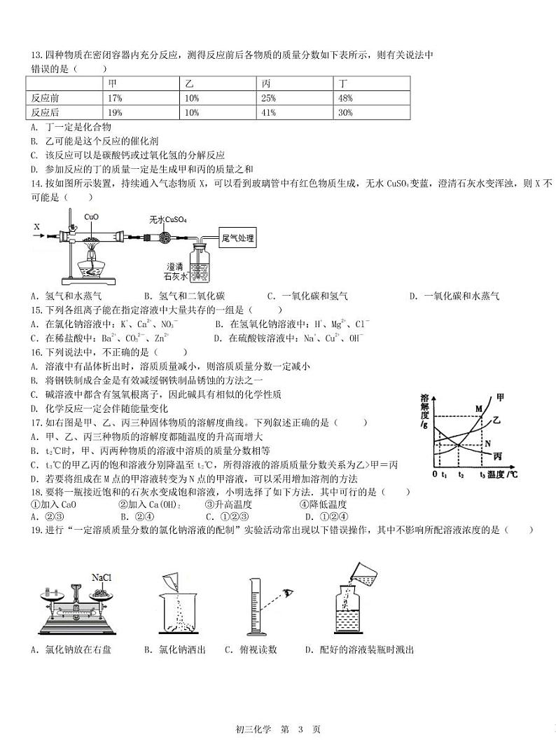 2020深圳龙外3月份初三化学月考试卷03