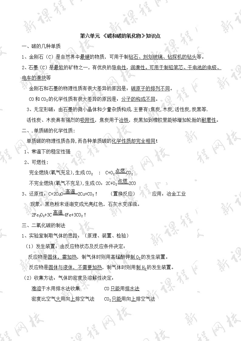 人教版初中化学知识点总结(完整版) - 第六单元 《碳和碳的氧化物》知识点01