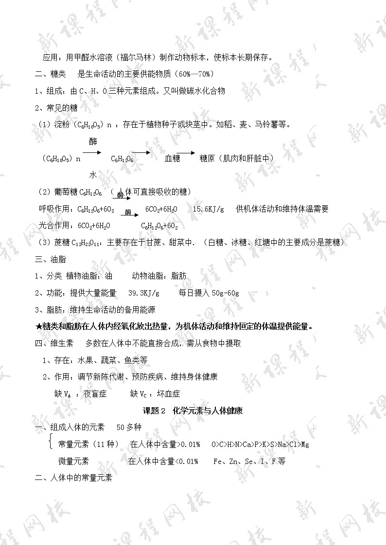 人教版初中化学知识点总结(完整版) - 第十二单元 《化学与生活》知识点02